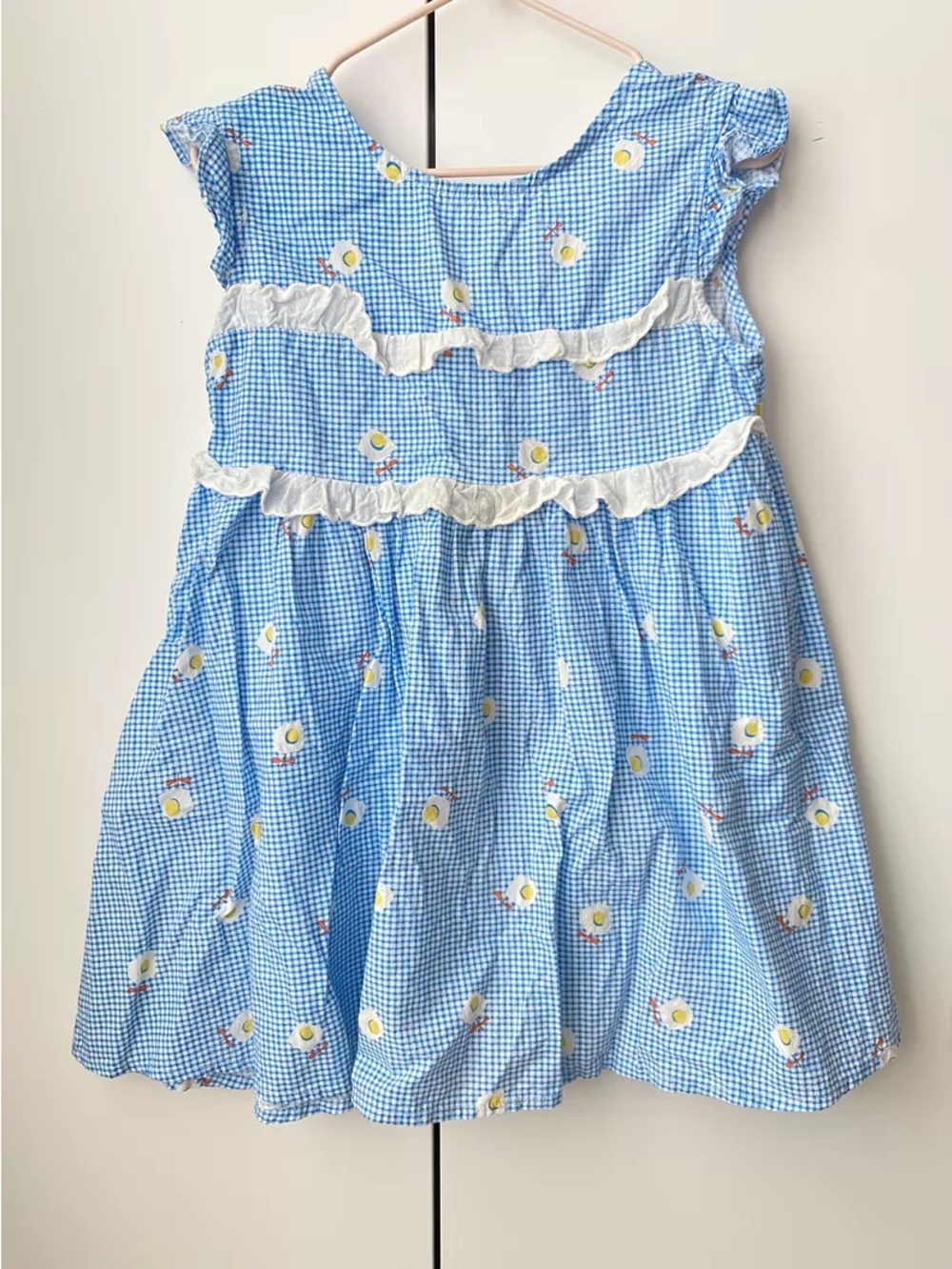 Blue Gingham Girls' Ruffle Dress with Sunny Print